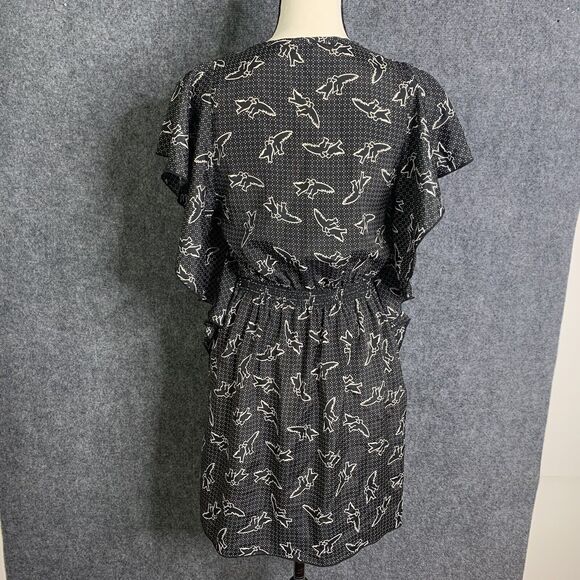 Everly Ruffled Sleeve Pullover Dress Black W/ Birds Short Light Wt Elastic Waist - Picture 8 of 12